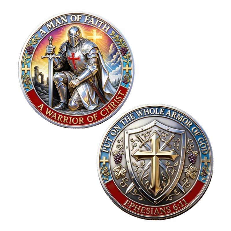 A commemorative coin depicting a warrior in armor, titled A Man of Faith Put On the Whole Armor of God.