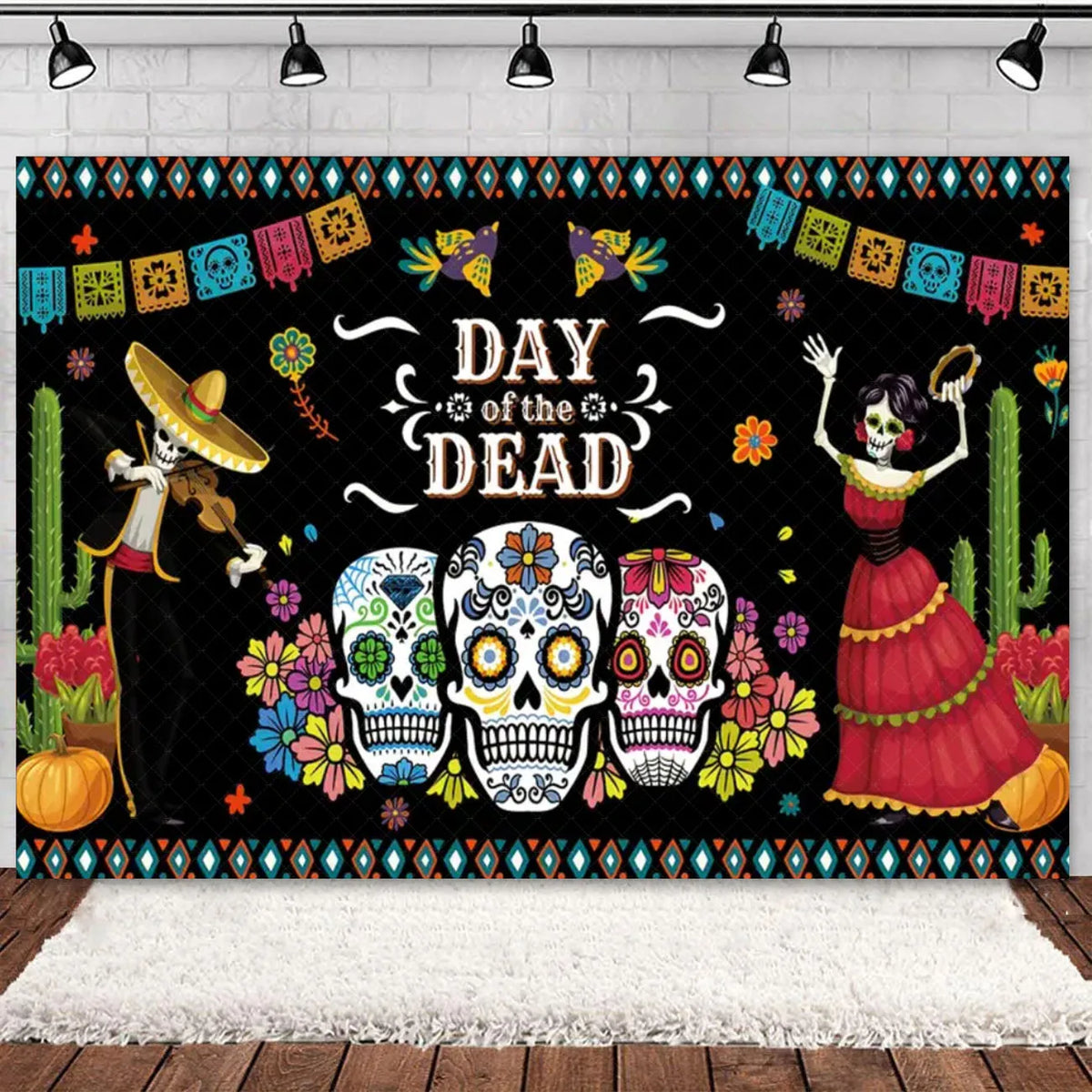 Day of the Dead Skeleton & Floral Backdrop for Party Photo Booth