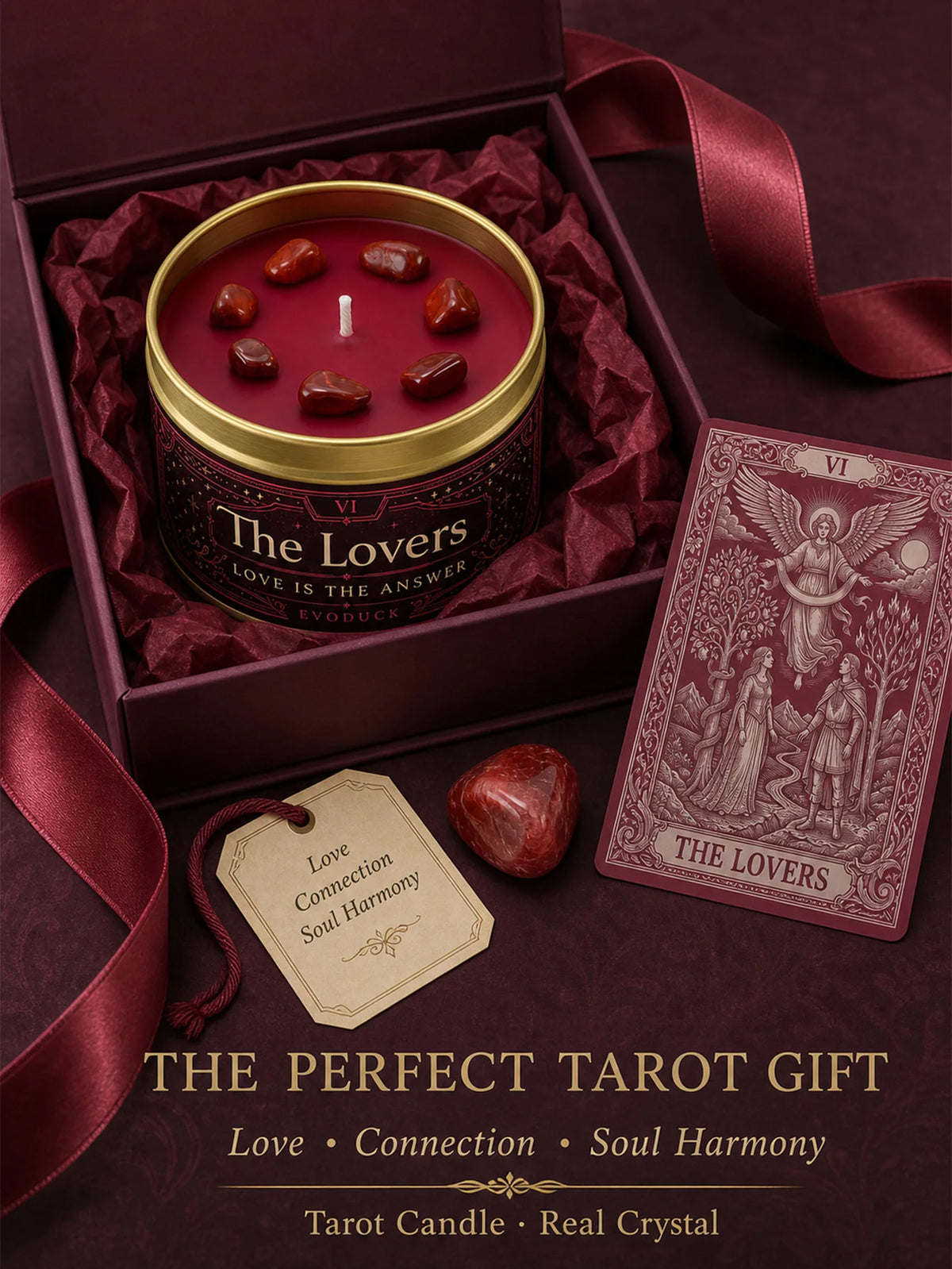 A box containing a tarot candle and crystal, presented as a perfect tarot gift for love connection and soul harmony.