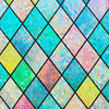A diamond-patterned stained glass window film featuring iridescent rainbow colors like cyan, pink, and yellow.