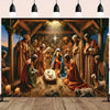 A painting depicting a biblical scene with figures gathered under a tree, illuminated by a star.