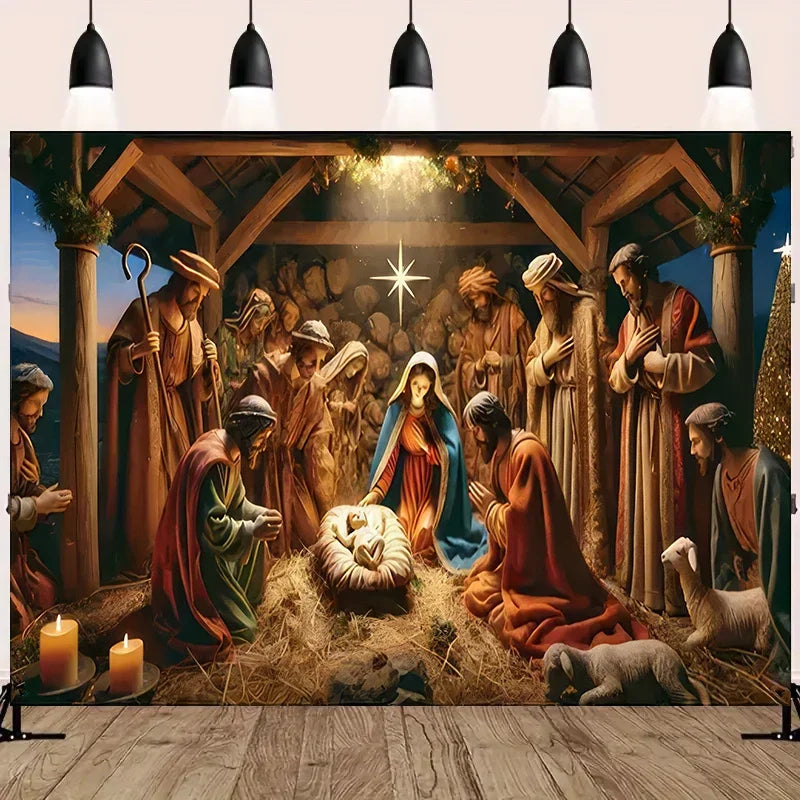 A painting depicting a biblical scene with figures gathered under a tree, illuminated by a star.
