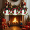 Festive Christmas fireplace scene featuring two gnome figures and a wreath above a roaring fire with wrapped gifts.