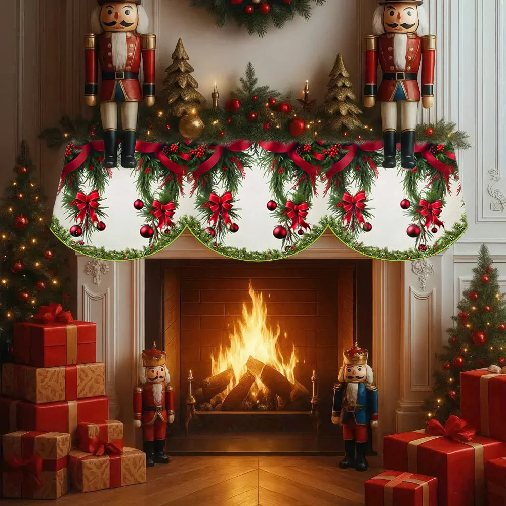 Festive Christmas fireplace scene featuring two gnome figures and a wreath above a roaring fire with wrapped gifts.