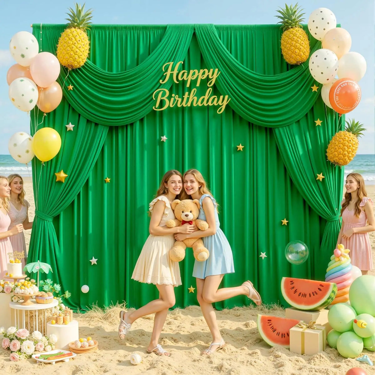 A vibrant green fabric backdrop with draped curtains, balloons, and fruit decorations for a birthday party.