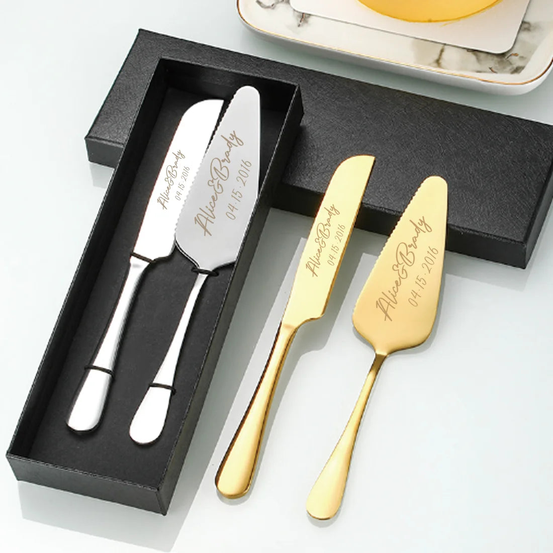 Personalized Engraved Stainless Steel Cake Knife and Server Set