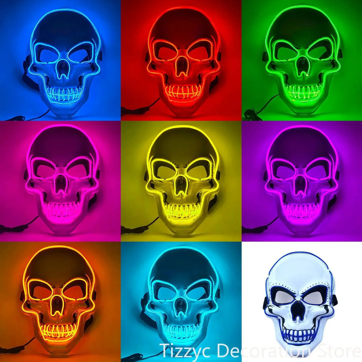 A collection of eight LED glow skull masks displayed in various colors including blue, red, green, pink, yellow, orange, and 