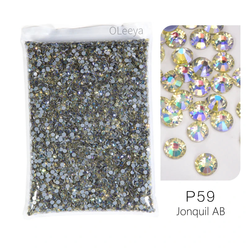 Bag of P59 Jonquil AB glass rhinestones, a mix of crystal and crystal AB stones.