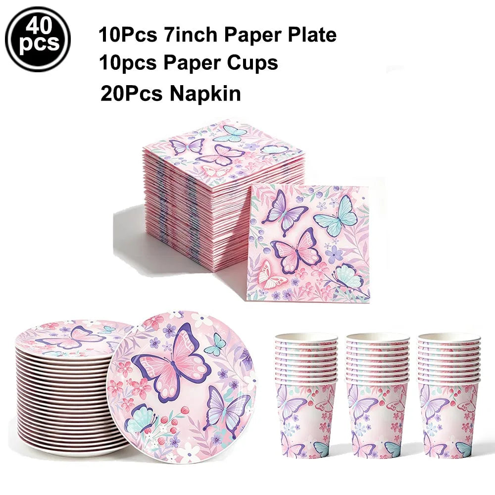 Butterfly Party Supplies Disposable Tableware Set for Birthday & Baby Shower