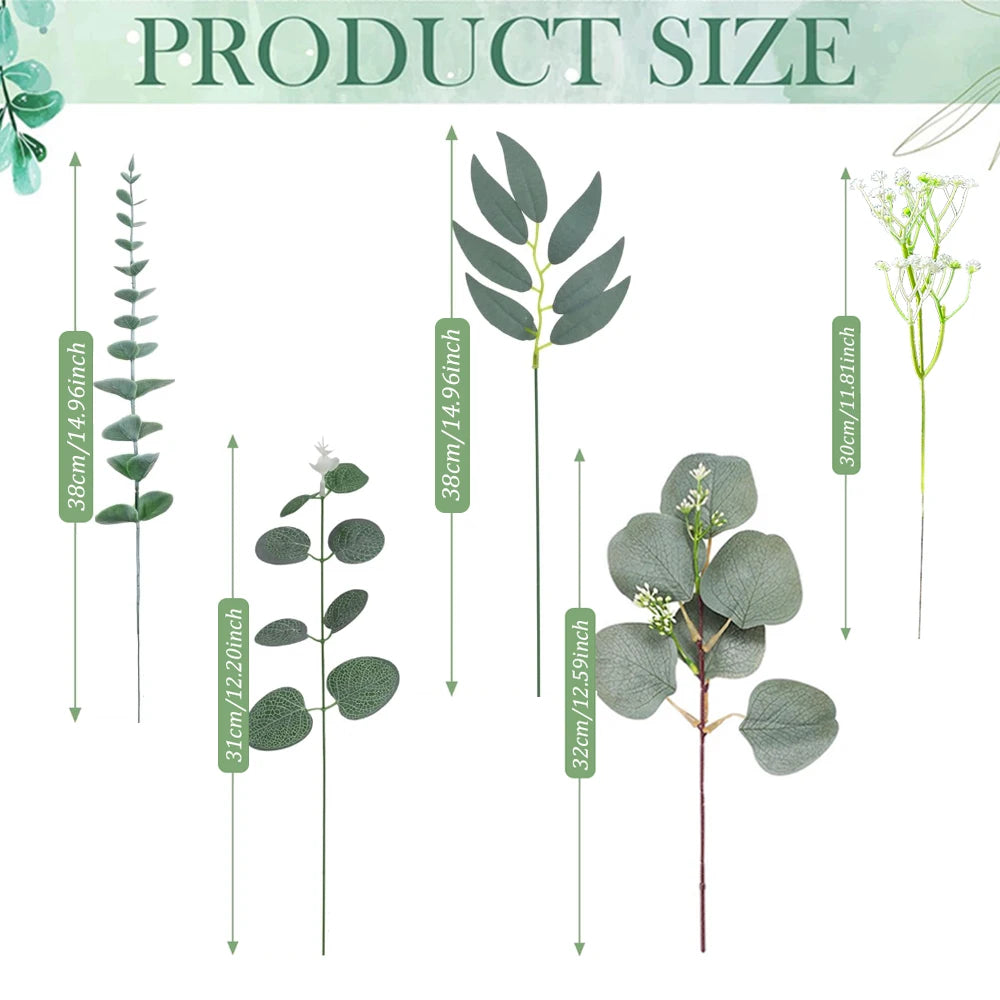 Various sizes of green artificial eucalyptus leaves displayed vertically for product size reference.