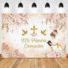 A soft pink and gold floral backdrop featuring delicate roses and feathers for a First Communion celebration.
