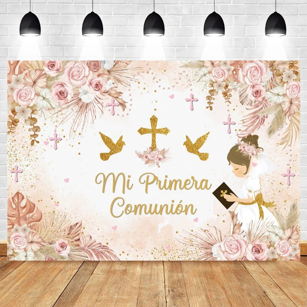 A soft pink and gold floral backdrop featuring delicate roses and feathers for a First Communion celebration.