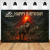 A dark backdrop featuring a Jurassic World dinosaur theme with a happy birthday message and several dinosaurs.
