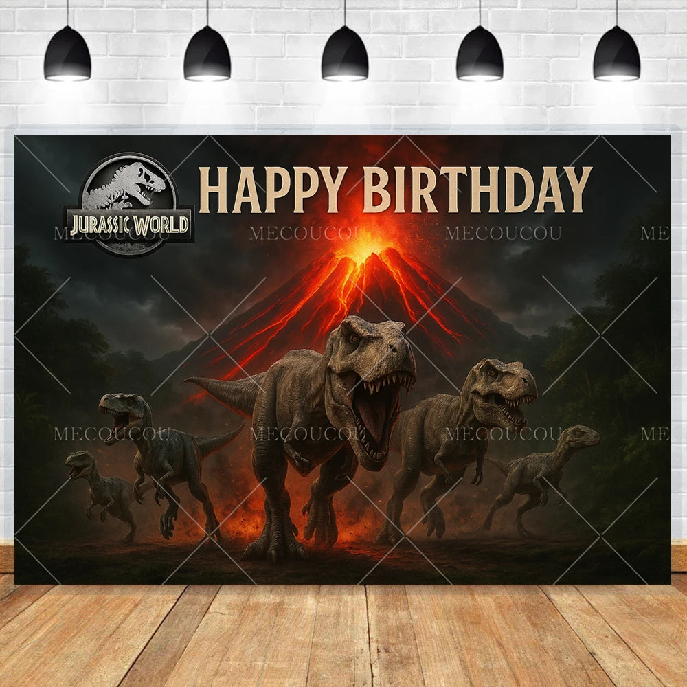 A dark backdrop featuring a Jurassic World dinosaur theme with a happy birthday message and several dinosaurs.
