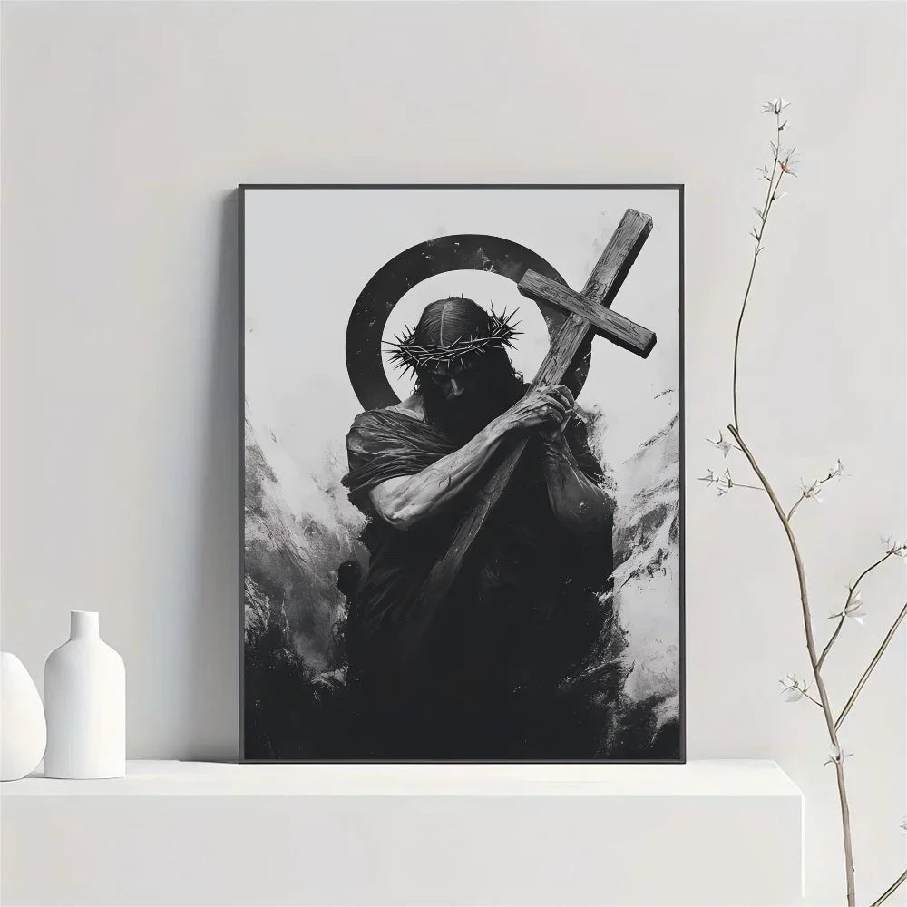 Black and white canvas art print depicting a silhouette of a figure holding a cross.