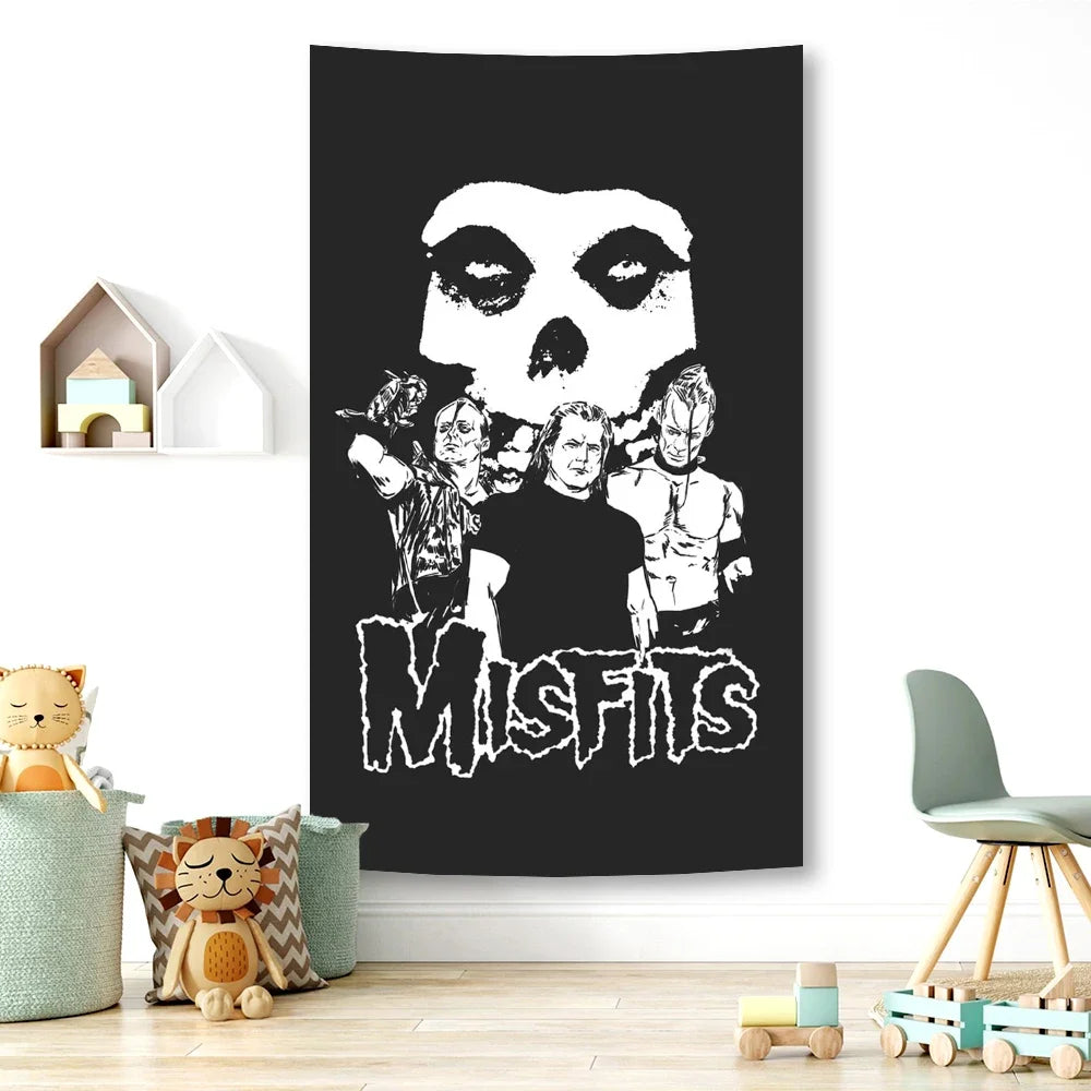 Black wall art featuring a white skull design and the word MISFITS in distressed font