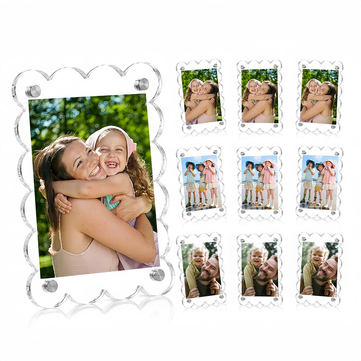 Set klare Acrylmagnet-Fotoframes mit verschiedenen Familien- und Porträtfotos.