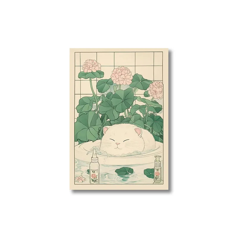 Vintage tiger cat wall art poster featuring a cute white cat with pink flowers on a light background.