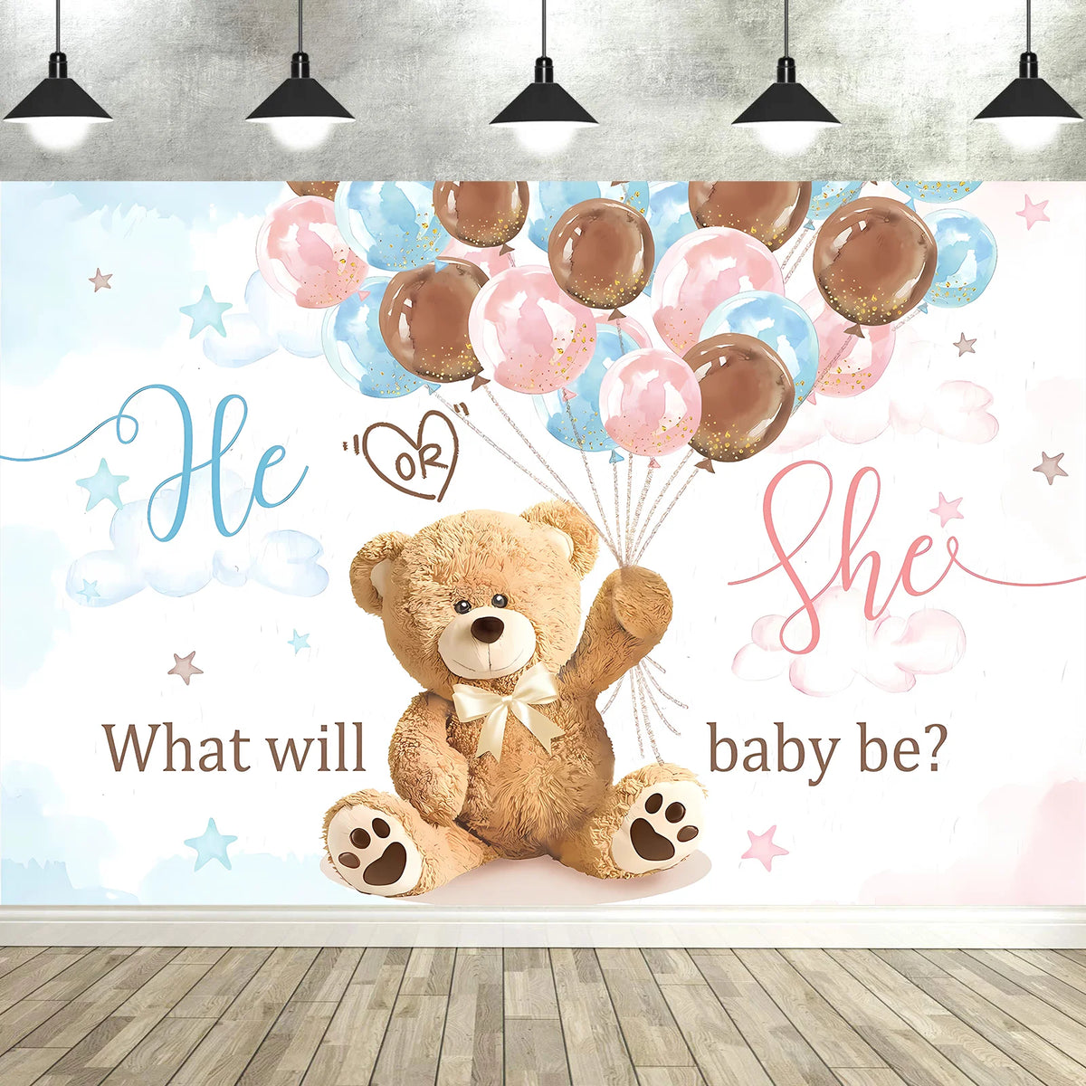 A light blue and pink watercolor background with stars, clouds, and a teddy bear illustration for a baby shower photo backdro