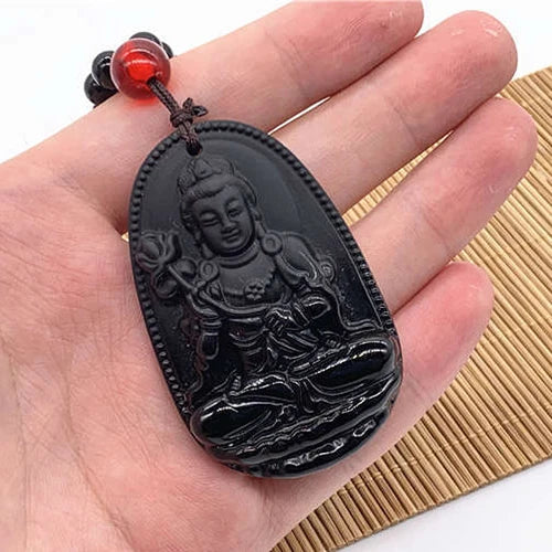 Amitabha Buddha Carved Obsidian Pendant Necklace