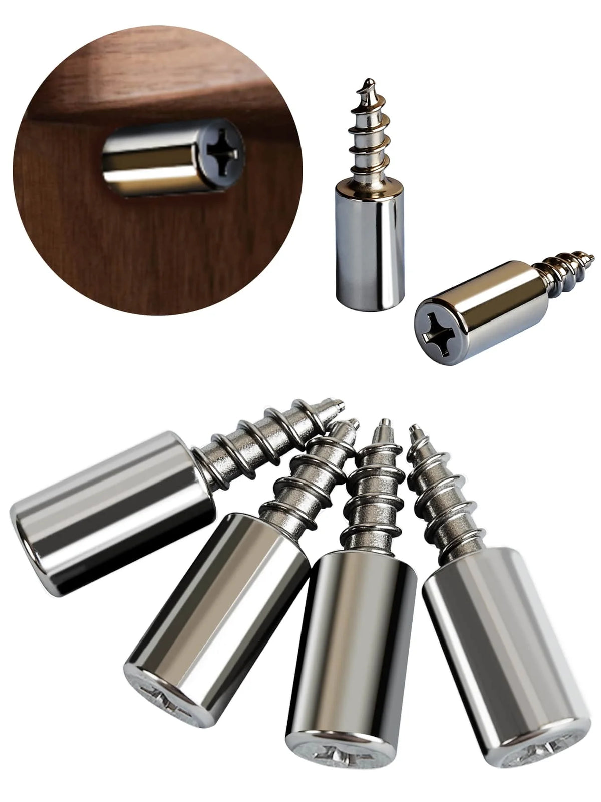 A collection of heavy-duty metal shelf support pegs with screws shown in various forms and angles.