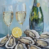 A glass bottle of white wine, a lemon, and several oyster shells on a light blue background.