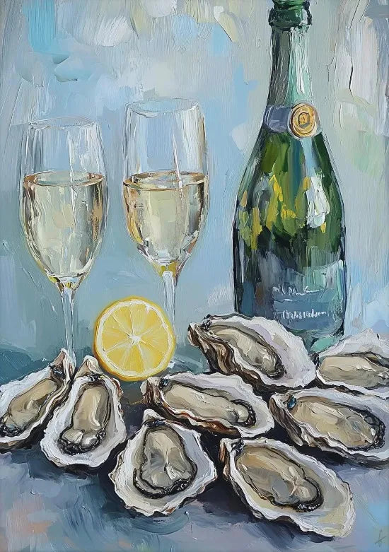 A glass bottle of white wine, a lemon, and several oyster shells on a light blue background.