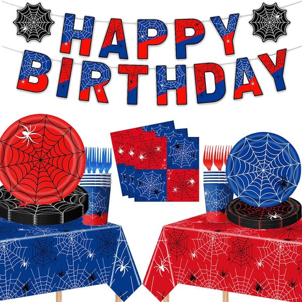 A banner spelling HAPPY BIRTHDAY is displayed above a table setting featuring red and blue spider web decorations.