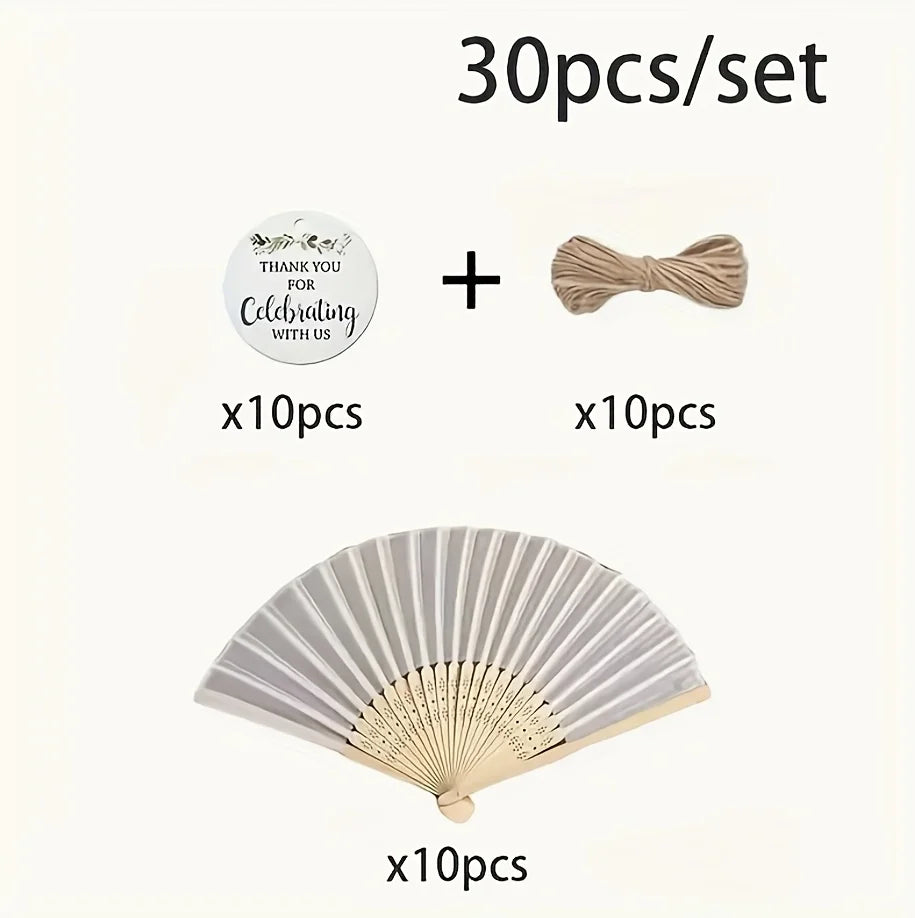 A set of 30 pieces including thank you tags, a bow, and ten folding fans.