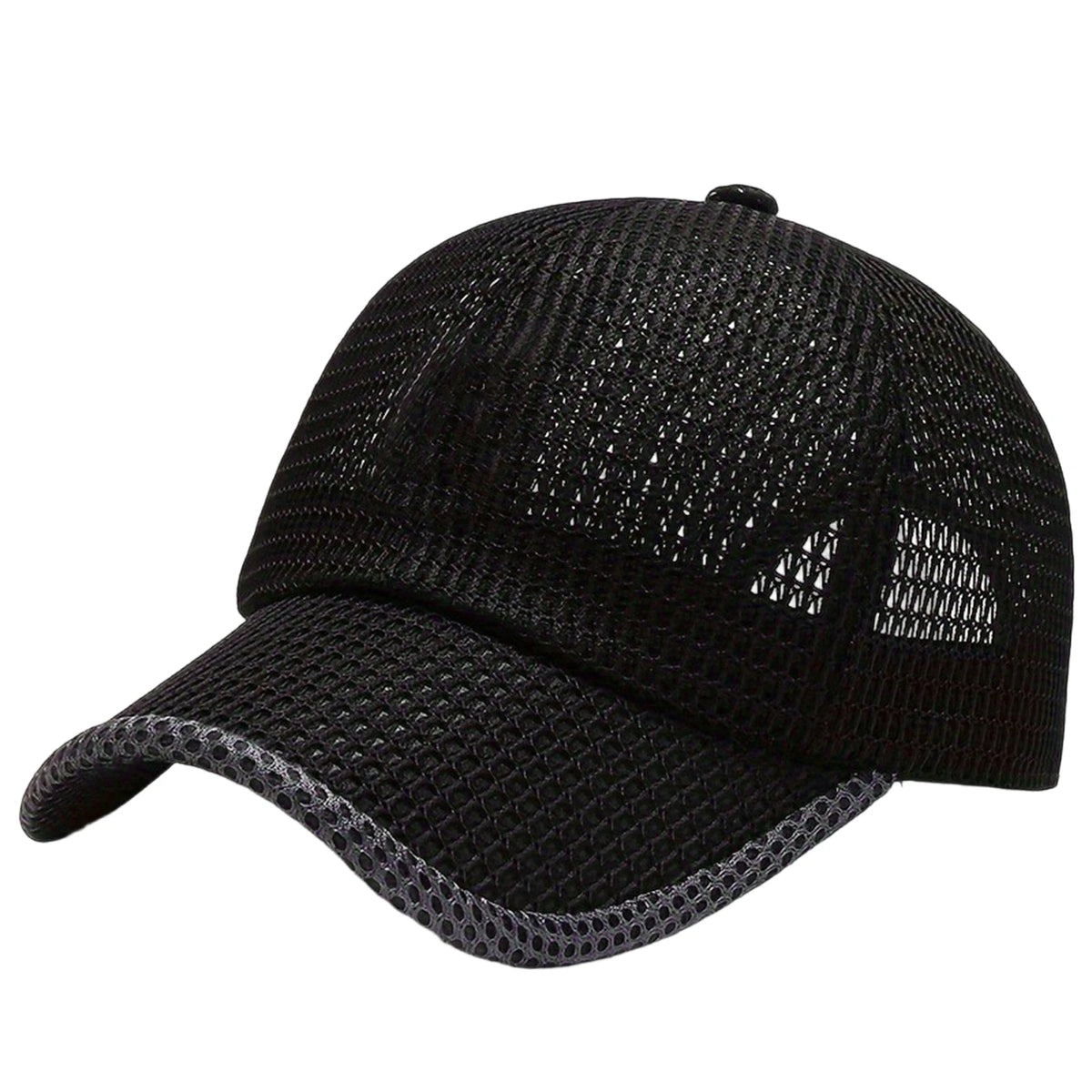 Black breathable mesh baseball cap shown from above