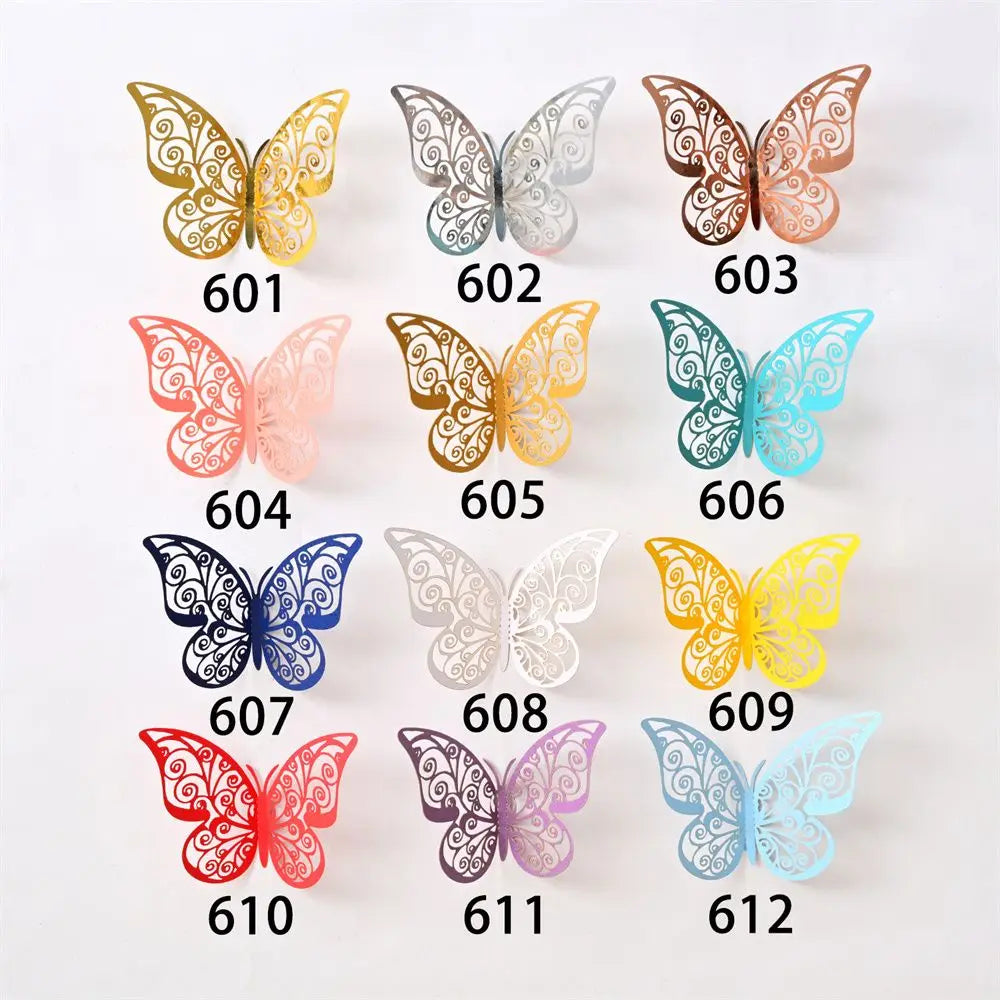 A set of 12 colorful 3D hollow butterfly wall decals in various shades and patterns.