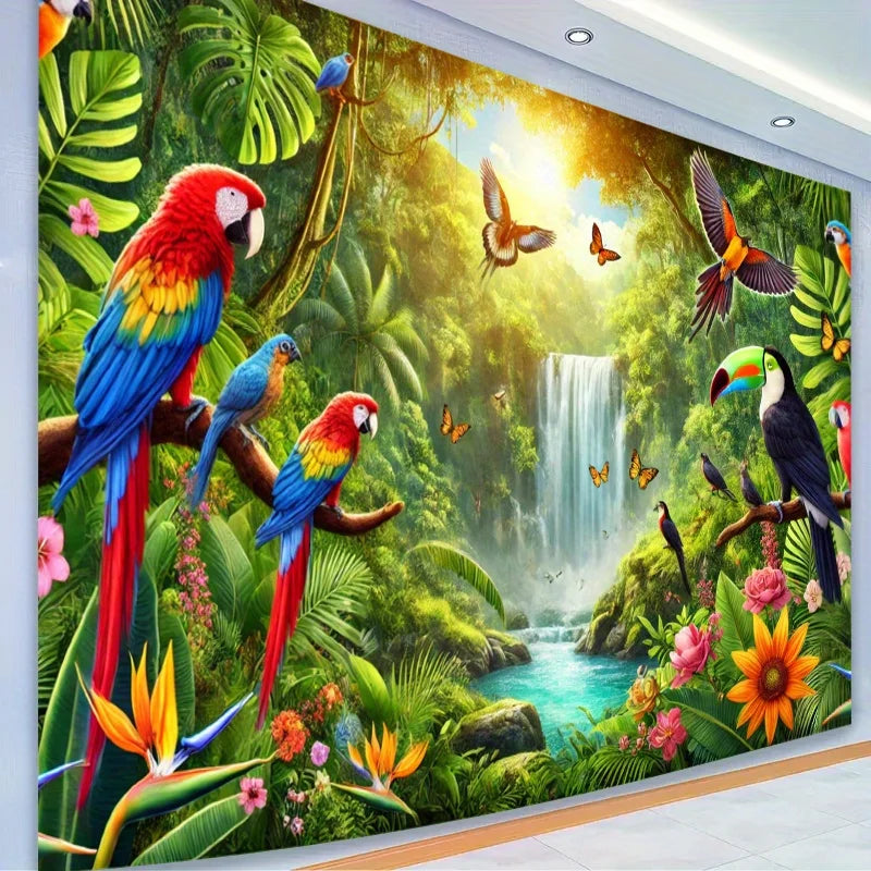 A vibrant photo backdrop banner featuring colorful tropical birds, lush green foliage, and a waterfall.
