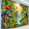 A vibrant photo backdrop banner featuring colorful tropical birds, lush green foliage, and a waterfall.