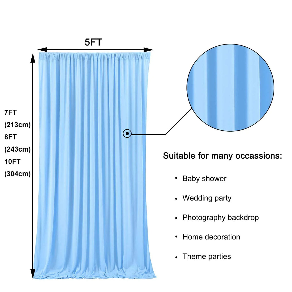 A vertical light blue fabric curtain used as a party backdrop or decoration.