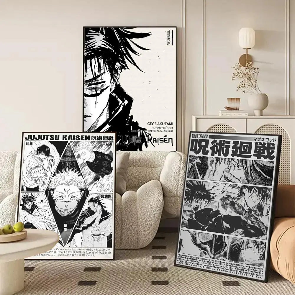 A collection of Jujutsu Kaisen anime posters featuring characters like Yuji Itadori and Megumi Fushiguro displayed on a light