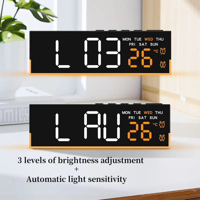A digital LED alarm clock displaying the time 1:03 and temperature 26 degrees with light adjustment features.