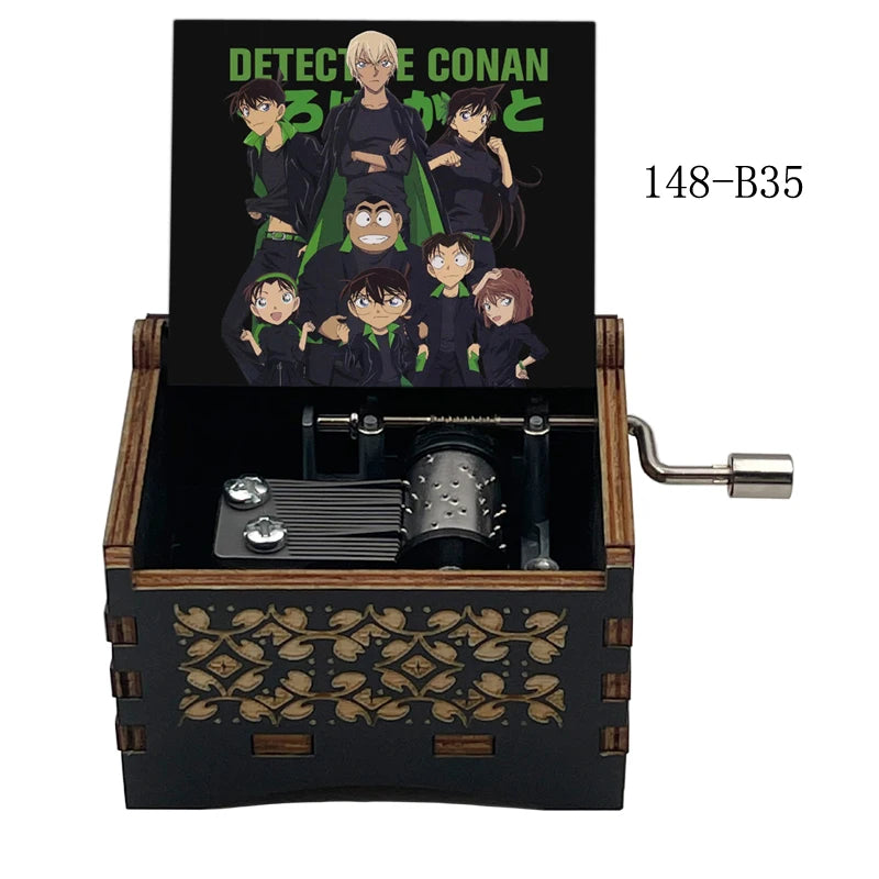 A wooden music box featuring an illustration of the Detective Conan characters on the lid.