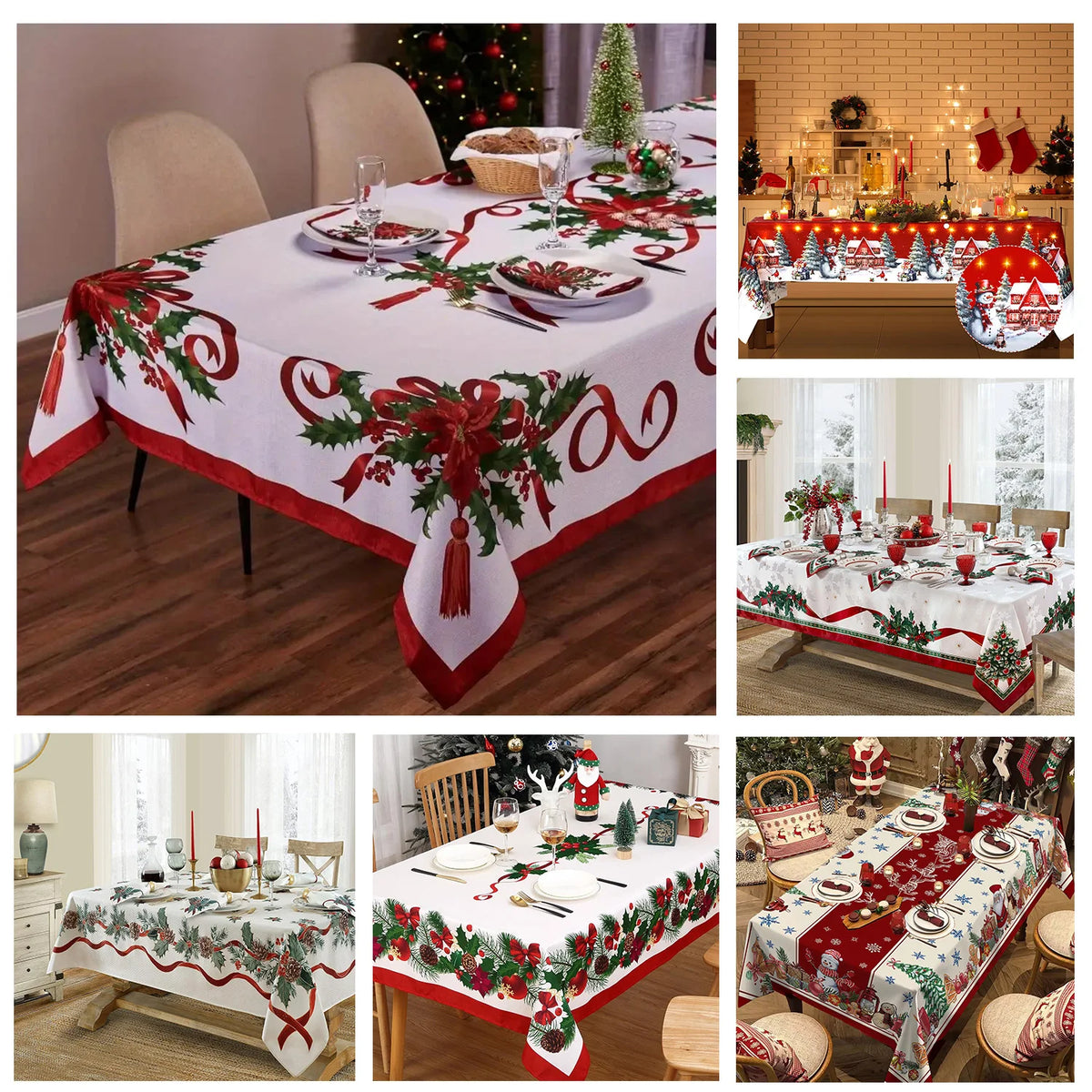 Christmas poinsettia rectangle tablecloths displayed on dining tables with festive red and green decor.