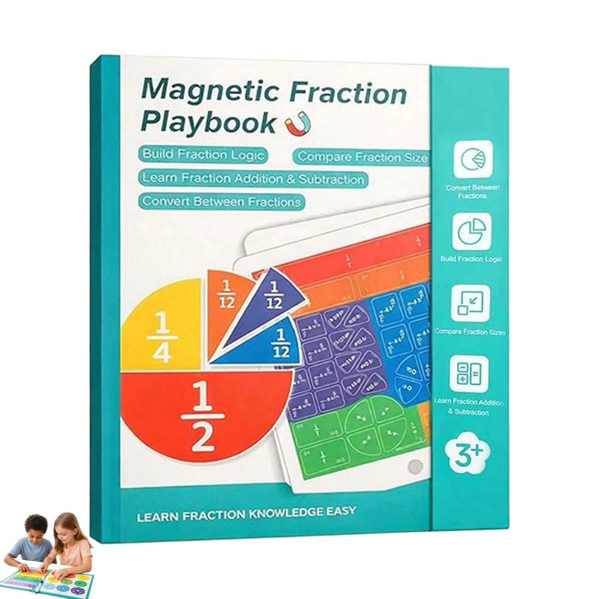 A box of Magnetic Fraction Playbook showing fraction concepts like addition subtraction and comparison for learning.