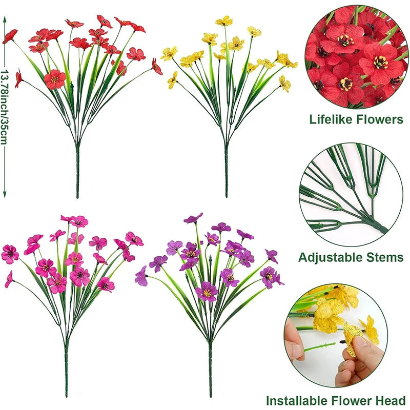 A set of silk artificial flower bouquets featuring lifelike flowers, adjustable stems, and an installable flower head.