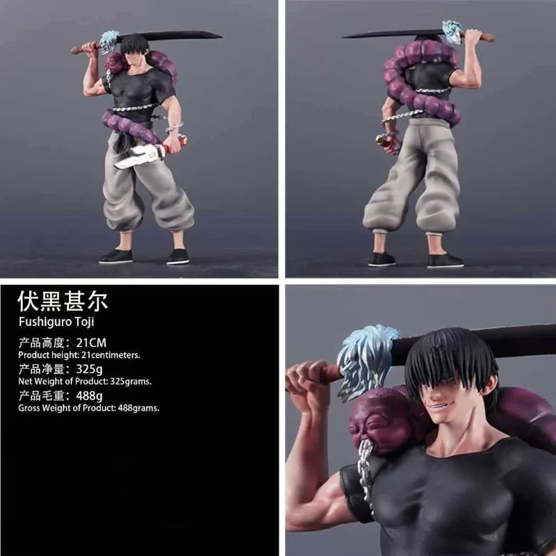 A figure of Suguru Geto from Jujutsu Kaisen, dressed in dark clothing and holding a sword, is displayed against a dark backgr
