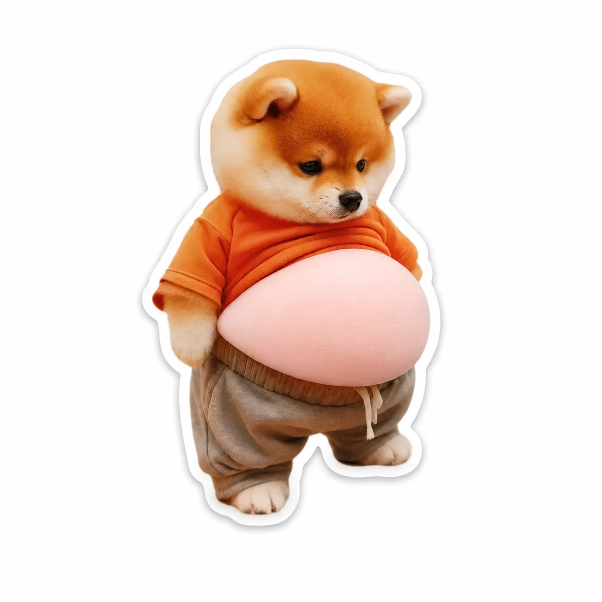 An orange Shiba Inu plush toy wearing an orange shirt and holding a large pink egg.
