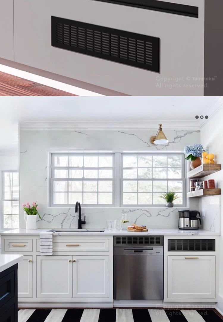A kitchen cabinet installation featuring a modern aluminum alloy rectangular ventilation grille above the cabinets.