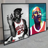A split canvas wall art featuring a portrait of a basketball player in a jersey and a close-up of his face.