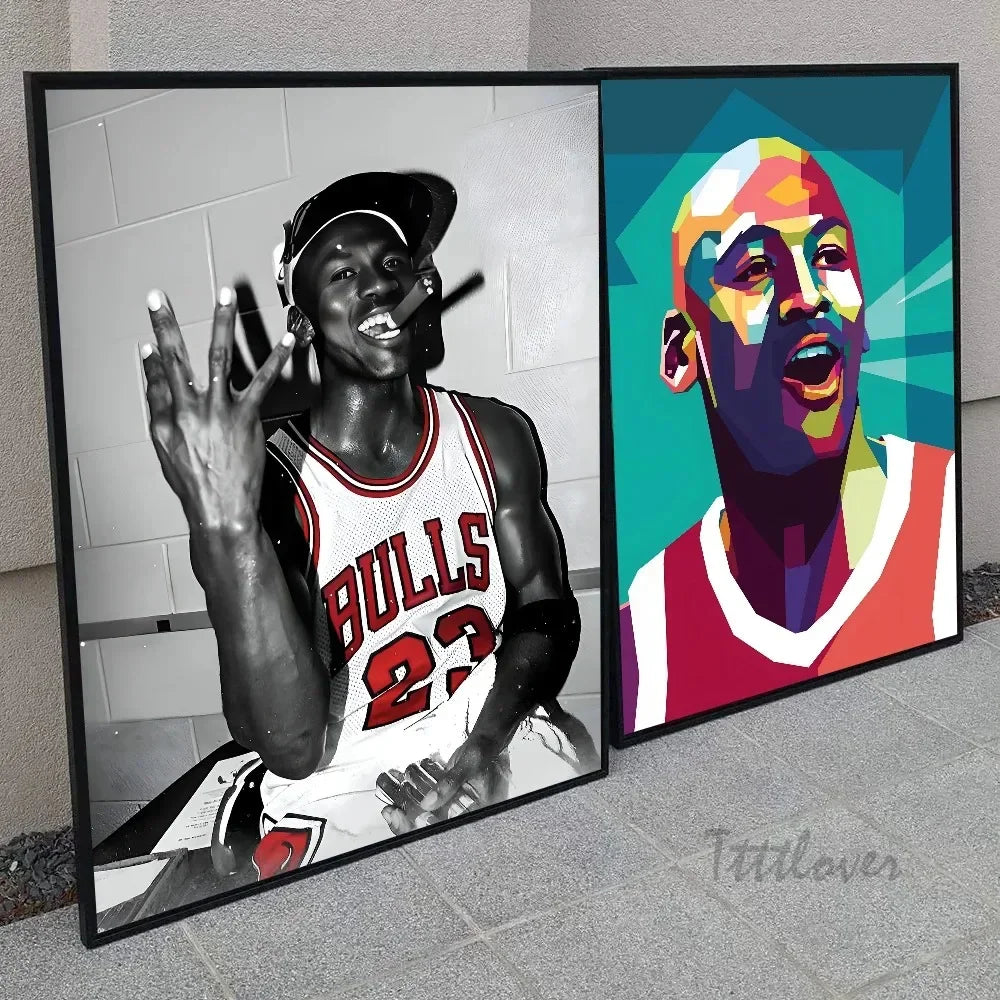 A split canvas wall art featuring a portrait of a basketball player in a jersey and a close-up of his face.
