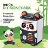 A white and black automatic piggy bank shaped like a panda, featuring a fingerprint unlock mechanism.
