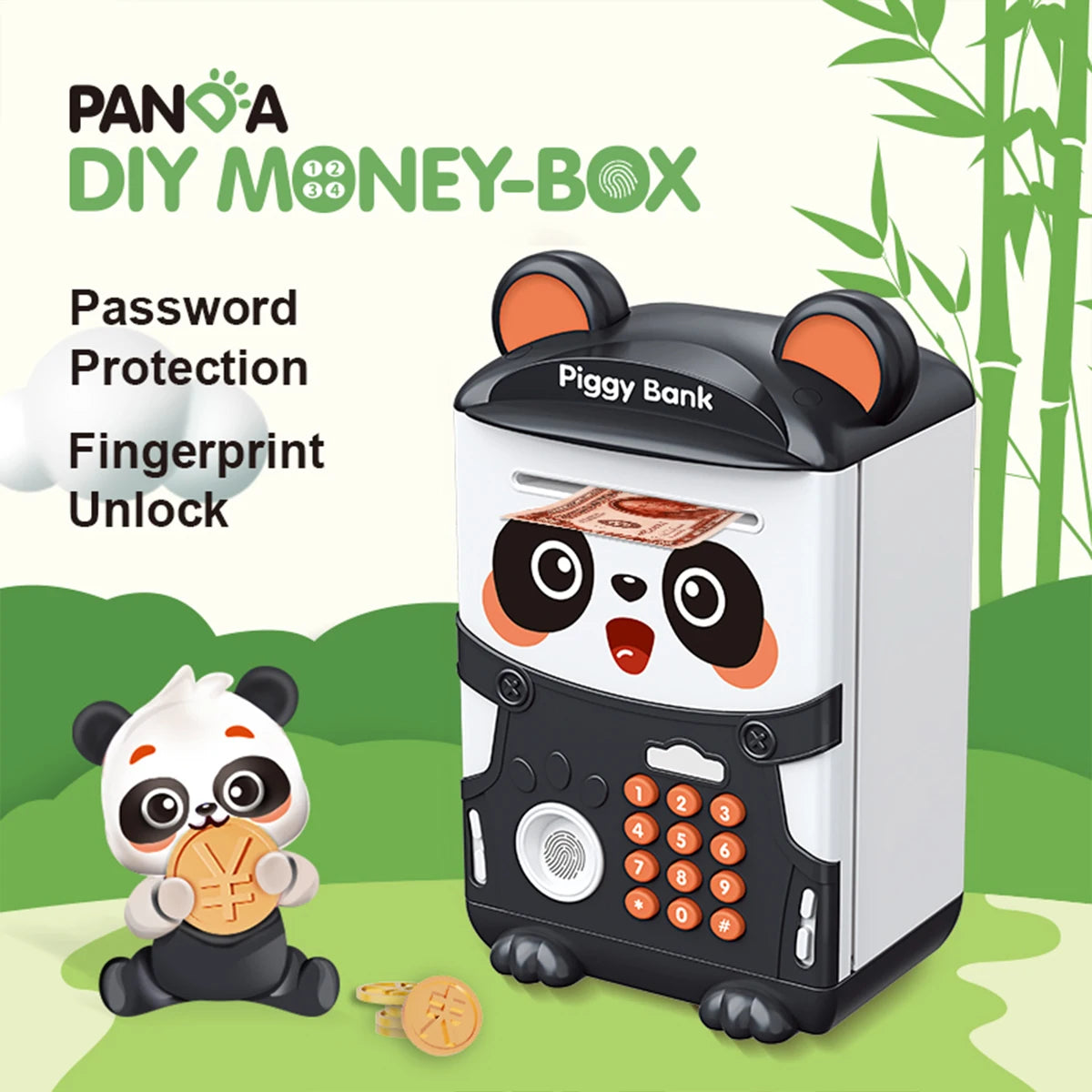 A white and black automatic piggy bank shaped like a panda, featuring a fingerprint unlock mechanism.