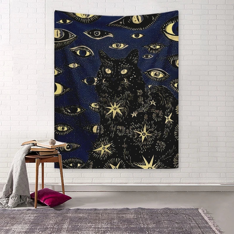A dark blue tapestry featuring a stylized cat with glowing yellow eyes and surrounding watchful eyes.