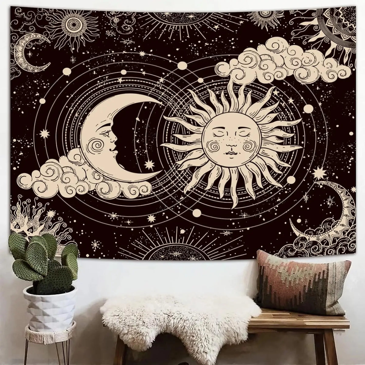Bohemian cosmic nebula tapestry wall hanging featuring a dark background with celestial elements like the moon and sun