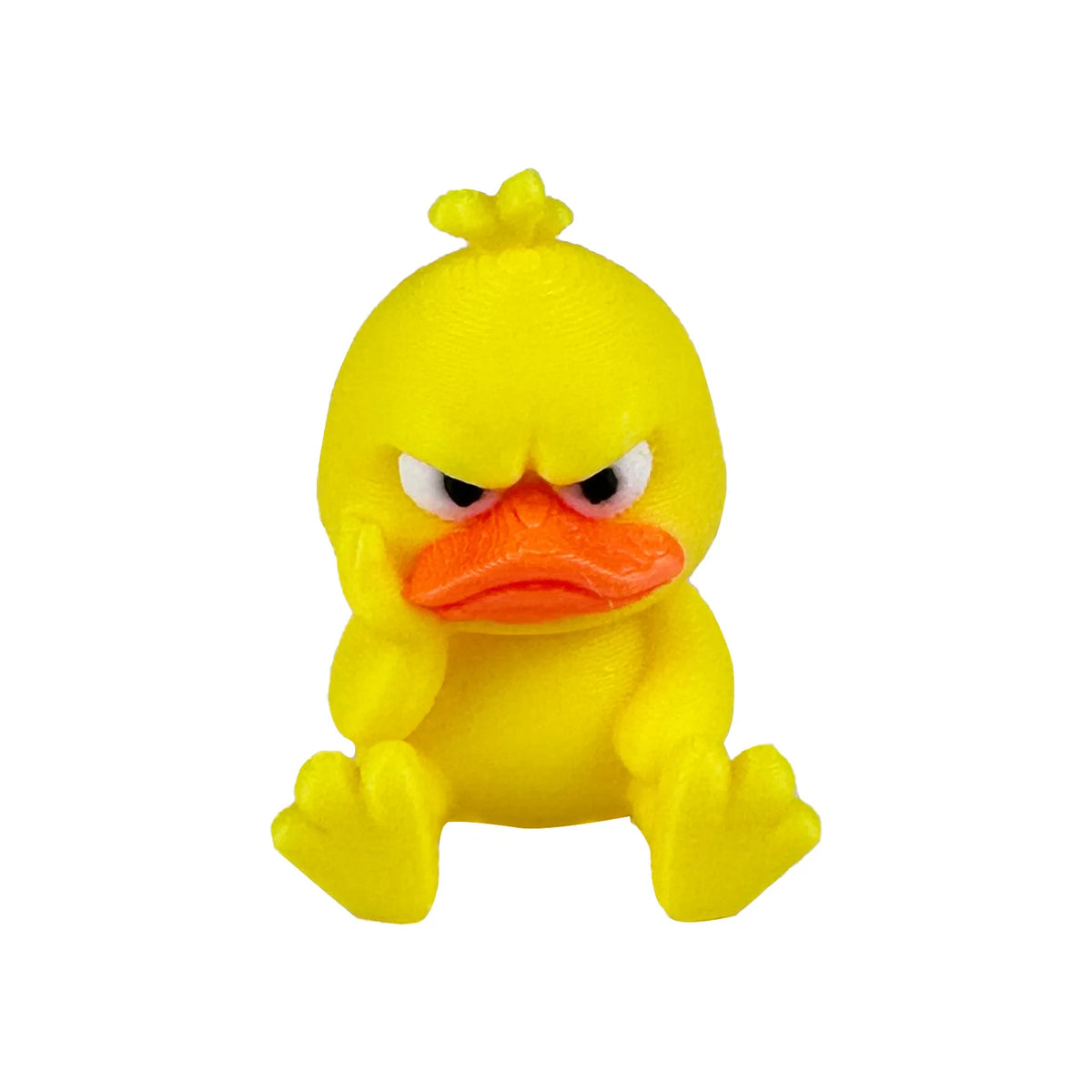 A yellow 3D printed figurine of an angry duck with furrowed brows and orange beak.